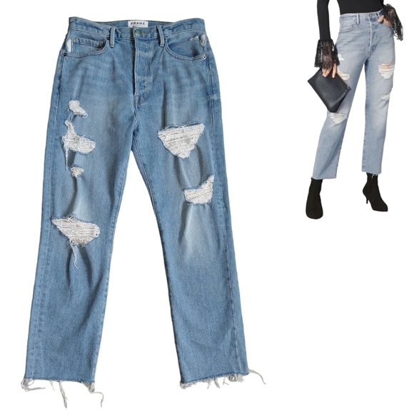 Frame Le Original Harrah Distressed High Rise Straight Leg Cropped Jeans - Picture 1 of 12